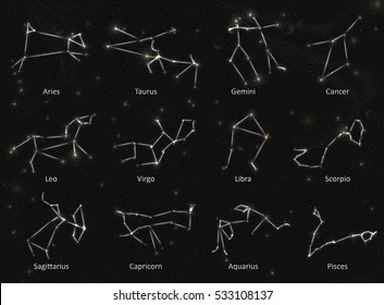 VECTOR eps 10. White Constellations of the 12 zodiac signs. Glowing collection of Astrology signs. Shining elements and stars for esoteric information. Shining bright lights. 12 silver zodiac signs