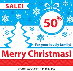 VECTOR eps 10. Winter sale design template with baws, snowflakes and fir-three. Christmas illustration for SALE. Blue white red colors. 2017 new year design, Christmas sale % 2017 new year design 2017