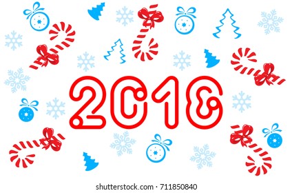 VECTOR eps 10. Xmas figures number 2018 New Year creative design for web design or christmas postcard Seasons Happy New 2018 design Illustration blue white red colors 2018 candies snowflake firtree
