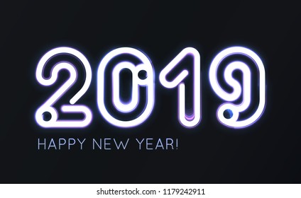 VECTOR eps 10.Golden neon figures number 2019. Neon brushes! New Year's creative design card. Seasons greetings 2019 design Illustration in yellow white colors figures 2019. Happy New YEAR!