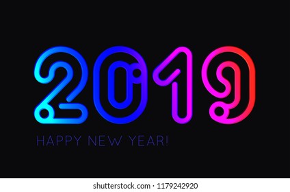 VECTOR eps 10.Golden neon figures number 2019. Neon brushes! New Year's creative design card. Seasons greetings 2019 design Illustration in yellow white colors figures 2019. Happy New YEAR!