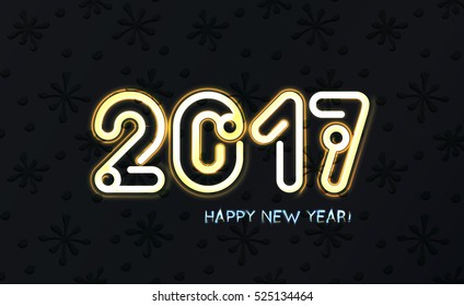 VECTOR eps 10.Golden neon figures number 2017. Neon brushes iNCLUDED! New Year's creative design card. Seasons greetings 2017 design Illustration in yellow white colors figures 2017. Happy New YEAR!