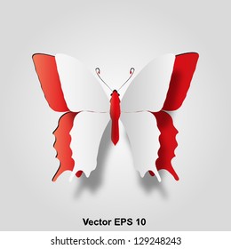 Vector eps 3D abstract concept or conceptual white paper with red background butterfly shape or symbol, metaphor to spring,summer,art,beauty,education,elegance,paperwork,card,creative or sticker