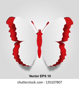 Vector eps 3D abstract concept or conceptual white paper with red background butterfly shape or symbol, metaphor to spring,summer,art,beauty,education,elegance,paperwork,card,creative or sticker