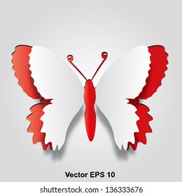 Vector eps 3D abstract concept or conceptual white paper with red background butterfly shape or symbol, metaphor to spring,summer,art,beauty,education,elegance,paperwork,card,creative or sticker