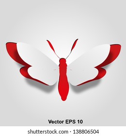 Vector eps 3D abstract concept or conceptual white paper with red background butterfly shape or symbol, metaphor to spring,summer,art,beauty,education,elegance,paperwork,card,creative or sticker