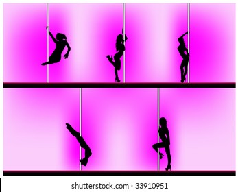 Vector eps 8 of 5 pole dancers silhouettes with sexy poses. Background can be easily removed. Each element on separate layers.