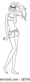 Vector eps black and white illustration of a beautiful woman with long hair in glasses and shorts