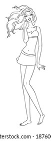 Vector eps black and white illustration of a beautiful woman with long hair in short skirt