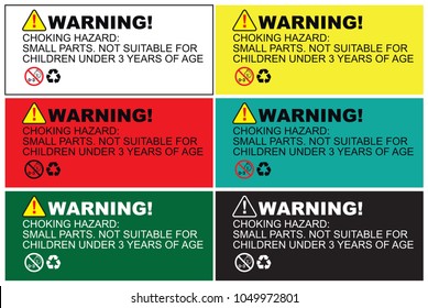 Vector EPS of a choking hazard warning sticker for toys, games, bags, packaging, and boxes. Text: 'CHOKING HAZARD - Small parts. Not for children under 3 yrs.' Perfect for toy manufacturers to ensure 