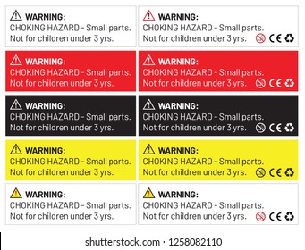 Vector EPS of a choking hazard warning sticker for toys, games, bags, packaging, and boxes. Text: 'CHOKING HAZARD - Small parts. Not for children under 3 yrs.' Perfect for toy manufacturers to ensure 