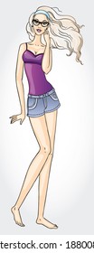 Vector eps color illustration of a beautiful blonde woman with long hair in glasses and blue jeans shorts