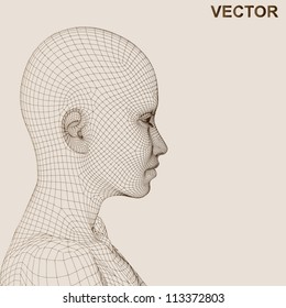 Vector eps concept or conceptual 3D wireframe human female head isolated on beige background as metaphor for technology,cyborg,digital,virtual,avatar,science,fiction,future,mesh,vintage abstract