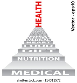 Vector eps concept or conceptual 3D stair or steps isolated on white background as a metaphor for health, nutrition,diet,wellness,body or energy. Also good for medical,sport,heart or science