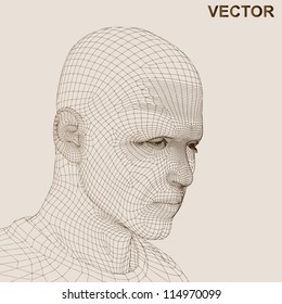 Vector eps concept or conceptual 3D wireframe human male or man head isolated on beige background as metaphor for technology,cyborg,digital,virtual,avatar,science,fiction, future,mesh,vintage abstract