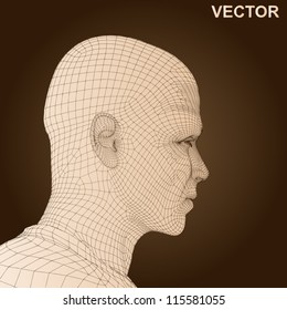 Vector eps concept or conceptual 3D wireframe human male or man head isolated on beige background as metaphor for technology,cyborg,digital,virtual,avatar,science,fiction, future,mesh,vintage abstract