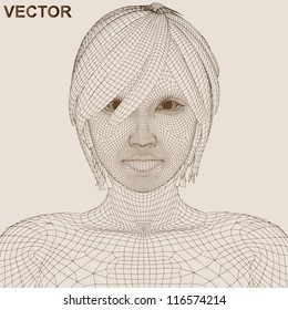 Vector eps concept or conceptual 3D wireframe human female head isolated on beige background as metaphor for technology,cyborg,digital,virtual,avatar,science,fiction,hair,future,mesh,vintage abstract