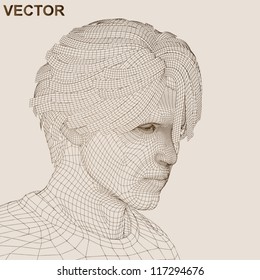 Vector eps concept or conceptual 3D wireframe human male or man head isolated on background as metaphor for technology,cyborg,digital,virtual,avatar,science,fiction, future,mesh,vintage abstract