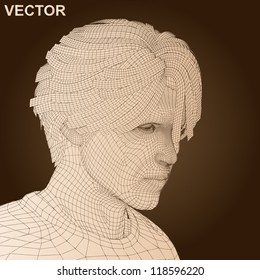 Vector eps concept or conceptual 3D wireframe human male or man head isolated on background as metaphor for technology,cyborg,digital,virtual,avatar,science,fiction, future,mesh,vintage abstract