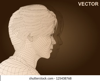 Vector eps concept conceptual 3D wireframe human male head isolated on brown background as metaphor for technology,cyborg,digital,virtual,avatar,science,fiction,future,mesh,vintage or abstract design