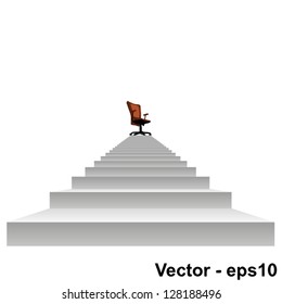 Vector eps concept conceptual 3d stair climbing to a leader,chief or promotion chair on top isolated white background,metaphor to career,business,success,achievement,winner,goal,step or victory