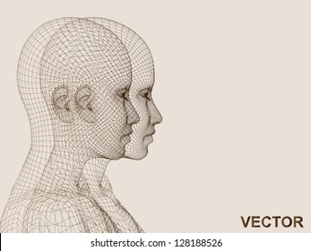 Vector eps concept or conceptual 3D wireframe human female head isolated on beige background as metaphor for technology,cyborg,digital,virtual,avatar,science,fiction,future,mesh,vintage abstract