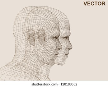Vector eps concept conceptual 3D wireframe human male head isolated on beige background as metaphor for technology,cyborg,digital,virtual,avatar,science,fiction,future,mesh,vintage or abstract design