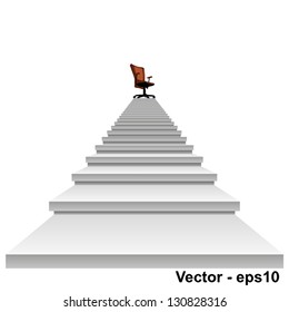 Vector eps concept conceptual 3d stair climbing to a leader,chief or promotion chair on top isolated white background,metaphor to career,business,success,achievement,winner,goal,step or victory
