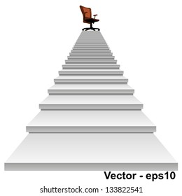 Vector eps concept conceptual 3d stair climbing to a leader,chief or promotion chair on top isolated white background,metaphor to career,business,success,achievement,winner,goal,step or victory