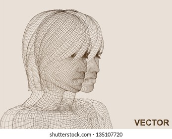 Vector eps concept or conceptual 3D wireframe human female head isolated on beige background as metaphor for technology,cyborg,digital,virtual,avatar,science,fiction,future,mesh,vintage abstract
