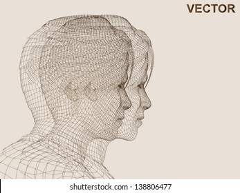 Vector eps concept conceptual 3D wireframe human male head isolated on beige background as metaphor for technology,cyborg,digital,virtual,avatar,science,fiction,future,mesh,vintage or abstract design