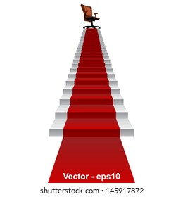 Vector eps concept conceptual 3d red carpet stair climbing to leader,chief or promotion chair on top isolated white background,for career,business,success,achievement,winner,goal,step or victory