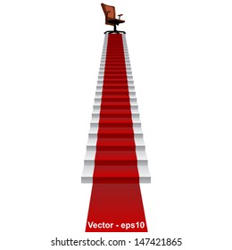 Vector eps concept conceptual 3d red carpet stair climbing to leader,chief or promotion chair on top isolated white background,for career,business,success,achievement,winner,goal,step or victory
