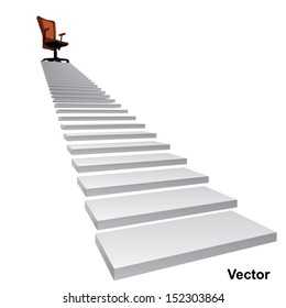 Vector eps concept conceptual 3d stair climbing to a leader,chief or promotion chair on top isolated white background,metaphor to career,business,success,achievement,winner,goal,step or victory