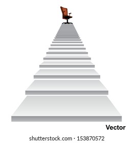 Vector eps concept conceptual 3d stair climbing to a leader,chief or promotion chair on top isolated white background,metaphor to career,business,success,achievement,winner,goal,step or victory