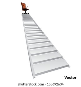 Vector eps concept conceptual 3d stair climbing to a leader,chief or promotion chair on top isolated white background,metaphor to career,business,success,achievement,winner,goal,step or victory