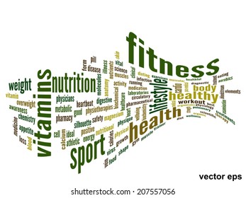 Vector eps concept or conceptual 3D abstract fitness and health word cloud or wordcloud on white background