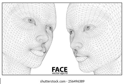 Vector eps concept or conceptual 3D wireframe human female head isolated on beige background