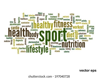 Vector eps concept or conceptual abstract sport and health word cloud or wordcloud on white background