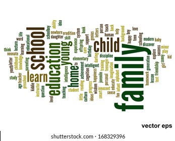 Concepto de vectores o educación conceptual nube de palabras abstracta sobre fondo blanco, metáfora a niño, familia, escuela, vida, aprendizaje, conocimiento, hogar, estudio, enseñanza, educación, logro, infancia o adolescencia