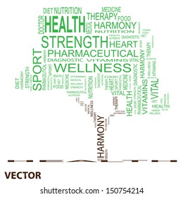 Concepto de vectores o texto verde conceptual nube o tagcloud como árbol aislado en fondo blanco como metáfora para la salud, la nutrición, la dieta, el bienestar, el cuerpo, la energía, la medicina, el deporte, el corazón o la ciencia