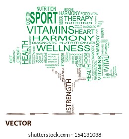 Vector eps concept or conceptual green text word cloud or tagcloud as a tree isolated on white background as metaphor for health,nutrition,diet,wellness,body,energy,medical,sport, heart or science