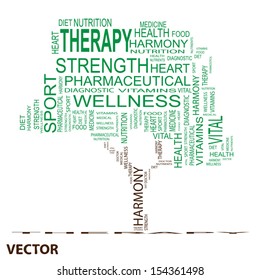 Concepto de vectores o texto verde conceptual nube o tagcloud como árbol aislado en fondo blanco como metáfora para la salud, la nutrición, la dieta, el bienestar, el cuerpo, la energía, la medicina, el deporte, el corazón o la ciencia
