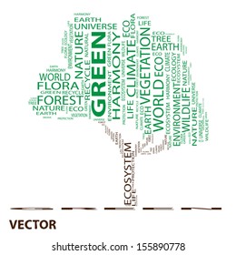 Concepto de vectores o nube de palabras de texto verde conceptual como árbol aislado en fondo blanco, metáfora a la naturaleza, ecología, verde, energía, natural, vida, mundo o global, proteger, medio ambiente o reciclado
