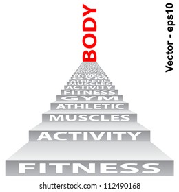 Vector eps concept or conceptual red text on stair isolated on white background as metaphor for body,fitness,health ,energy,gym,athletic,sport,weight,wellness,silhouette, proportion,climb or goal