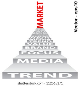 Vector eps concept or conceptual red text on stair isolated on white background as metaphor for business,brand,trend,media,focus,market,value,product,advertising or customer.Also for corporate