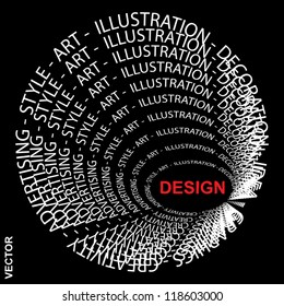 Vector eps concept or conceptual red and white round text wordcloud or tagcloud isolated on black background as metaphor for design,graphic,idea ,style,creative,artist,art,decor or abstract