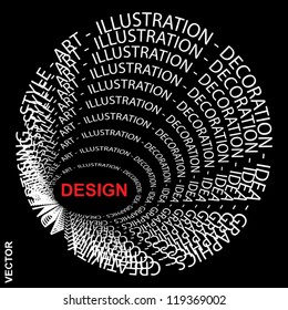 Vector eps concept or conceptual red and white round text wordcloud or tagcloud isolated on black background as metaphor for design,graphic,idea ,style,creative,artist,art,decor or abstract