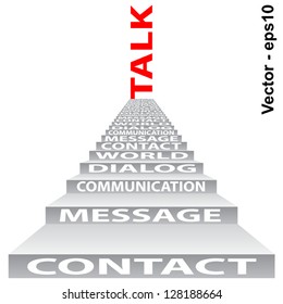 Vector eps concept or conceptual red text on stair isolated on white background as metaphor for communication,speech,message,mail,relation,dialog,talk,report,contact,stair,climb,email or internet