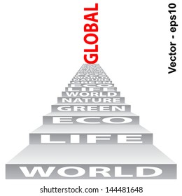 Vector eps concept or conceptual red text on stair isolated on white background as metaphor to nature,ecology,green,energy,natural,life,world or global,protect,environmental,organic or recycling